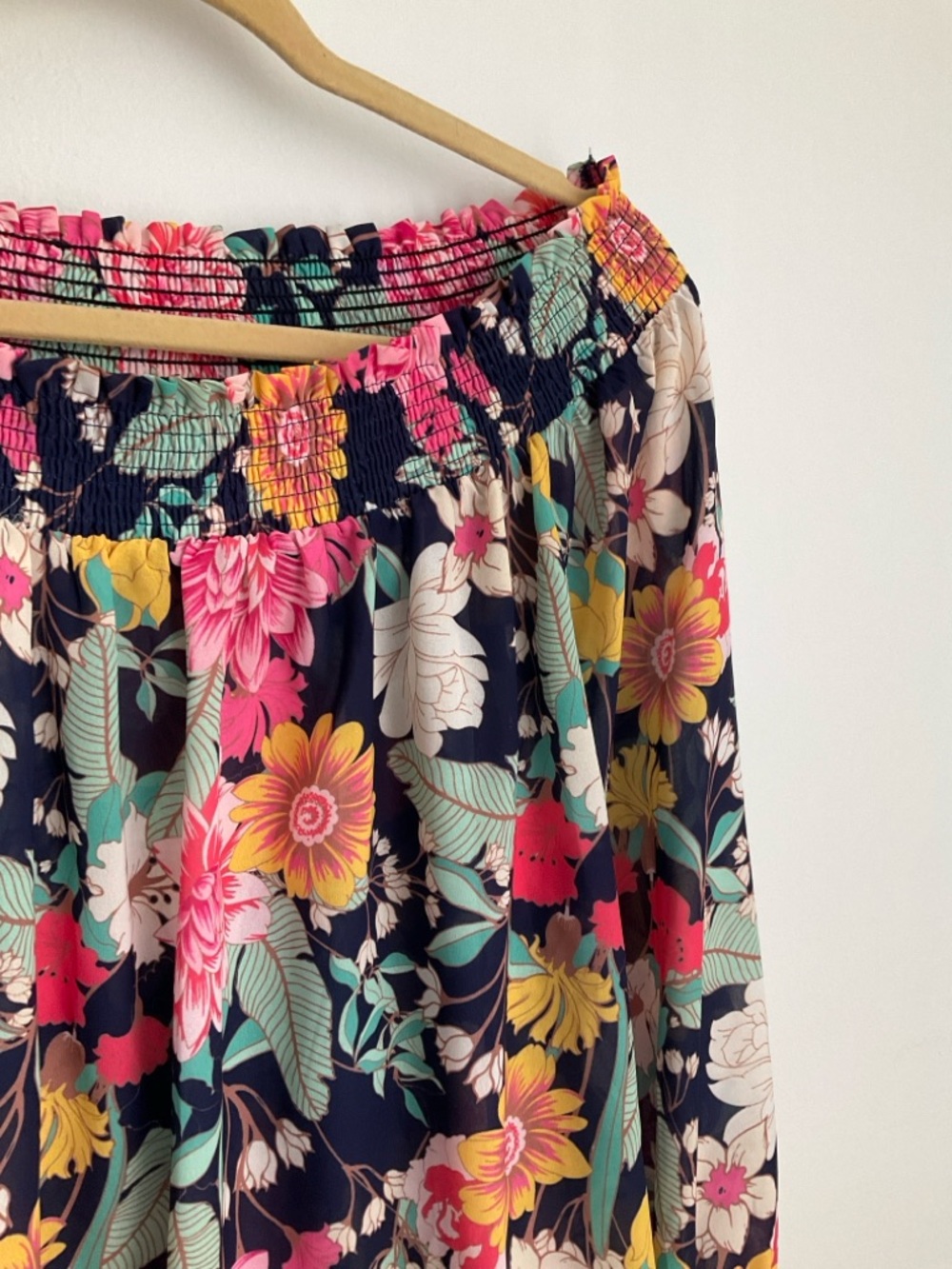 Umgee Medium Navy Floral Off-Shoulder Blouse with Pink, Yellow and Mint Accents - Picture 4 of 11